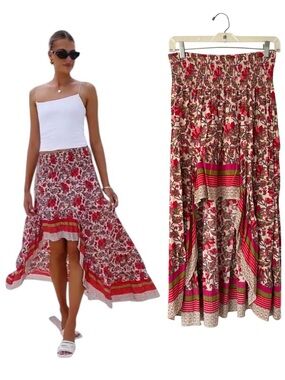 Women’s Boho Red Floral High-Low Maxi Skirt Size Medium Festival Summer Colorful